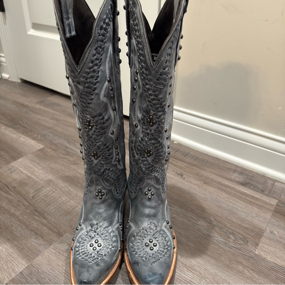 Lane Cosette Braided Stud Western Cowboy Leather Boots in Washed Denim - Picture 6 of 14